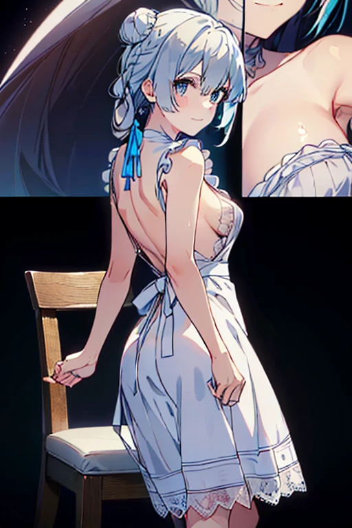 (A masterpiece of image quality in 8K),(Beautiful Allafed Woman),(((emphasizing breasts:1.1))),(Dynamic angles),(Dynamic and sexy bending pose:1.3),(sit a chair:1.1),(Short hair in shiny silver and orange inner colors,small full breasts,Disturbance of clothing due to movement,breast slip,(Ponytail twisted buns adorned with elaborate braids and beads,Braided Setup Fishbone Hair,),(see-through bangs),(perky chest:1.1), (pointed chest:1.3), small breasts、(((A white lace apron that shows your bare skin from under your small breasts)))、Blush with embarrassment、Enraptured eyes、A smile that beguiles the viewer、(Look back:1.7)、Look into the photographer,skin glistening with sweat,gazing at viewer,,(Professional Lighting),(8K,masutepiece,top-quality,Ultra-high resolution output image,),(Ultra HD with complex detail image modes),depth of fields,Beautiful hands,Beautiful fingers,Detailed finger features,(Detailed hair features:1.7),detailed facial features,detailed clothes features, (perky chest:1.1), (pointed chest:1.3),