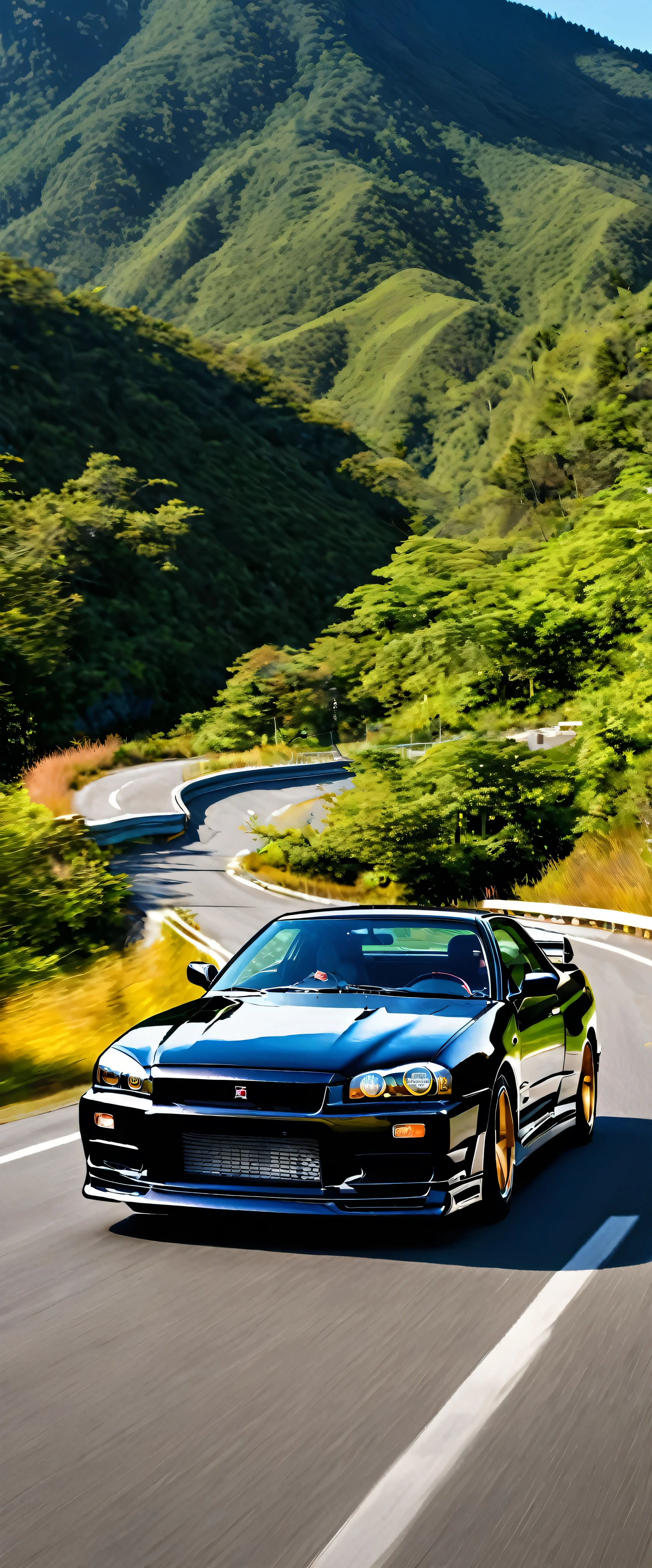 A black 2000 Nissan Skyline GT-R、A glimpse of the car cruising along the roads in the sunlight.、Picturesque mountain々Against the backdrop of、Photorealistic and hyper-realistic、And it's an absolutely stunning depiction.。This high-definition masterpiece is packed with attention to detail.、It feels like you're stepping out of the wallpaper onto the road。The sun sets behind the mountains、Casts a long, dramatic shadow、Adding a touch of surrealism to this car enthusiast's dream。