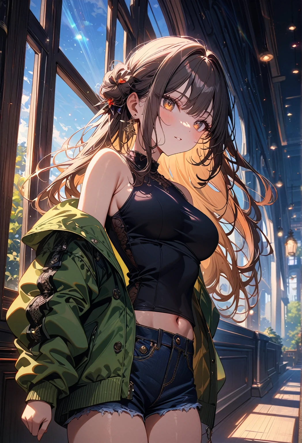 (masterpiece), best quality, very aesthetic, newest, absurdres, detailed, high quality
BREAK
highest quality, top quality, details, highres, ultra fine painting, digital art, official art, cinematic, 4k, 8k resolution, 8K CG wallpaper, CG, original artwork, detailed background, colorful background, blue atmosphere, High Dynamic Range, blurry background, blue hour, Starburst effects, crepuscular rays, good ISO, high resolution, wide shot, from far away, RAW photo, POV, sharp focus, light reflection, reflections, intricate details, soft light, particle noise, professional photography, bokeh, depth of field, natural lighting, vibrant colors, looking away, detailed lights and shadows, stylish, ultra-detailed, top rated on Pixiv, trending on Artstation, niji style, modern-days, master crafted, pose
BREAK
solo, (close up), 1girl, pale skin, correct fingers, detailed hand, (big breasts:1.2), big thighs, small torso, short body, flushtered, blush, anxious expression, embarassed, embarassed act, casual, slim, ((cute, childlike face):1.3), nice body, nice hips, brown hair, (very long flowing hair, 2 buns hairstyle), long bangs, long hair, middle hair bangs, brown eyes
BREAK
((black straps tank top), black string sweatshorts, off shoulders open green hoodie, modest)
BREAK
Indoors background