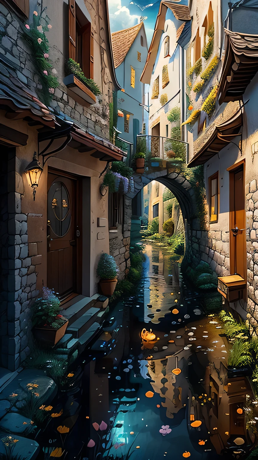 In an expansive 8K, 16:9 landscape, a photograph of an enchanting scene unfolds. At the heart of the image lies an 18-year-old female student named JK, with long flowing silver hair and cosmic-colored eyes reflecting the fatigue of her long day. Her pale skin seems to glow under the ethereal light, and her tired, dulled expression is captured with stunning realism.

Situated in a secluded, narrow allevy of a quaint village, JK's attention is drawn upwards to the sky, where countless tiny goldfish with shimmering red scales swim in the air. The airy scene is rem