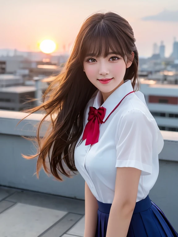 masterpiece, Upper Shot, One girl per photo, Front view, Young and beautiful woman in Japan, Standing on the school rooftop with a big smile, Attractive appearance, Wearing a short-sleeved white collared silk shirt and a plain shiny red satin bow tie, Wearing a long navy blue pleated skirt, Super cute face, Glossy lips, Strong winds blow away my hair, Double eyelids on both eyes, Natural Makeup, Long eyelashes, Shiny, smooth, light brown medium length hair, Asymmetrical bangs, Sunburned skin, Center image, 8K resolution, High detail, Detailed hairstyle, Detailed face, Spectacular movie lighting, Octane Rendering, Vibrant, Ultra-realistic, Perfect limbs, Perfect Anatomy、bra under dress、sheer、sunset、Close ~ eyes、Open your mouth a little、From above、High angle