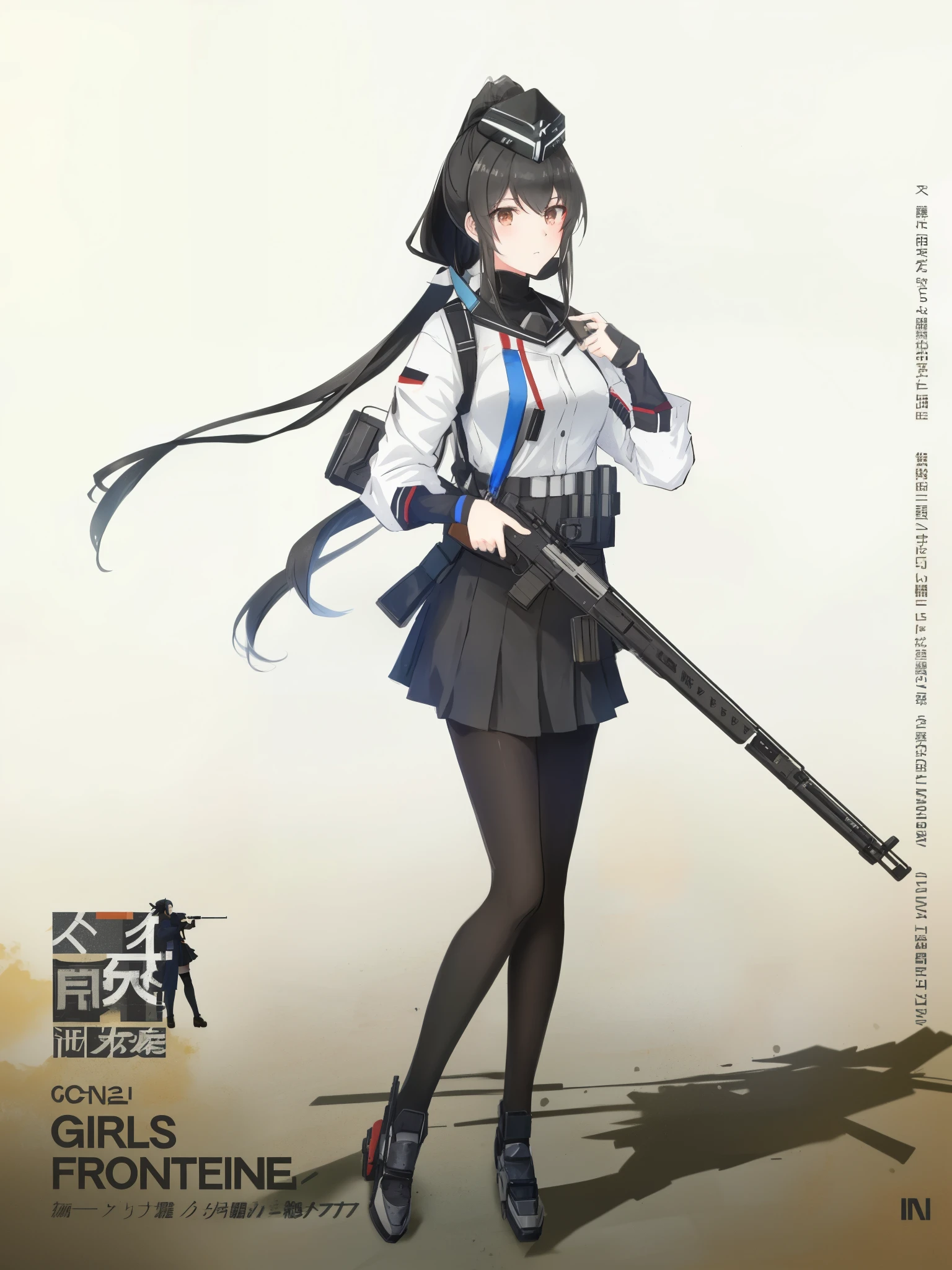 (ponytail forehead hair pulled back:1.3), (black hair:1.3), anime girl with a gun and a uniform on, fine details. girls frontline, girls frontline style, from girls frontline, girls frontline cg, girls frontline, girls frontline universe, kantai collection style, infantry girl, m4 sopmod ii girls frontline, official art, mechanized soldier girl, female action anime girl, kancolle, a-1 pictures