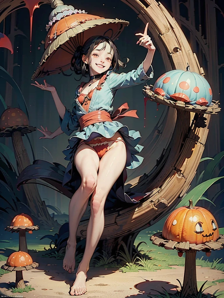 Gruesome and spooky details、Cute Smile、Mysterious atmosphere、Alice in Wonderland、Enthusiastic atmosphere、Mischievous Smile、Expressive gestures、Comical movement、Psychedelic Mushroom Background