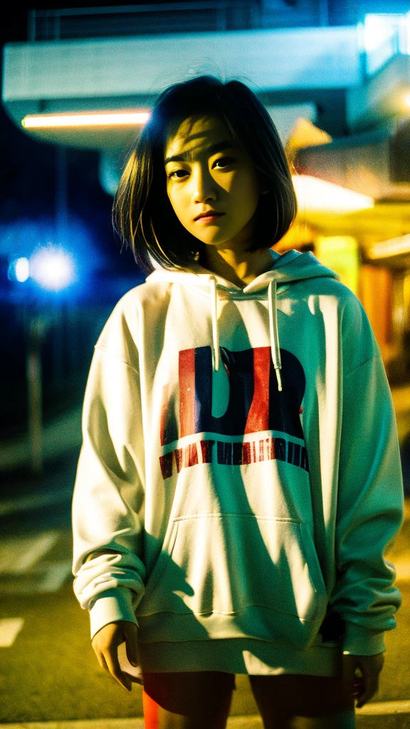 Masterpiece, (best quality:1.4), ultra high res, master photography, professional color grading, depth of fields, rule of third, 50mm, film grain, (photorealistic:1.4), cinematic lighting, chromatic abberation, 1girl, short hair, wearing grey hoodie, streetwear, hypebeast, detailed face, detailed eyes, flat chest, looking at viewer, front view, cowboy shot, Hong Kong street background, night, city light, blurry background, sfw