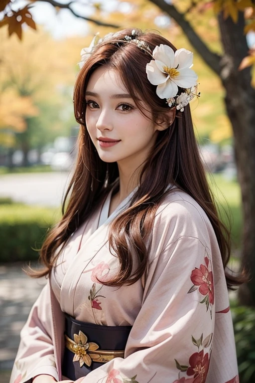 Reddish brown hair、Beauty、Well-proportioned face、The nose is high、Thin lips、smile、Dilraba lookalike、Mature atmosphere、Tall models、Age is in the early 30s、Pink floral kimono、White flower hair ornament on the side、Background mainly featuring autumn leaves