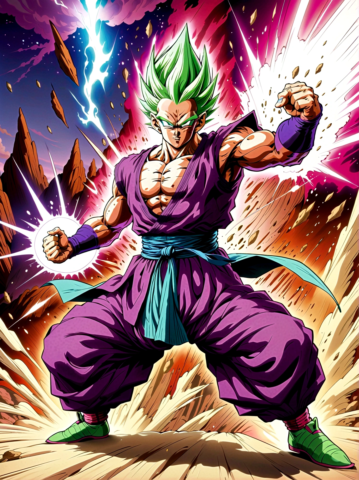 piccolo, green skin, pointy ears, black eyes, oni horns, pink patches, white cape, white turban, purple dougi, purple pants, blue sash, brown shoes, ，Looking at the audience，Dynamic poses，fighting，Explosion，Explosion Background，Martial arts tournament background