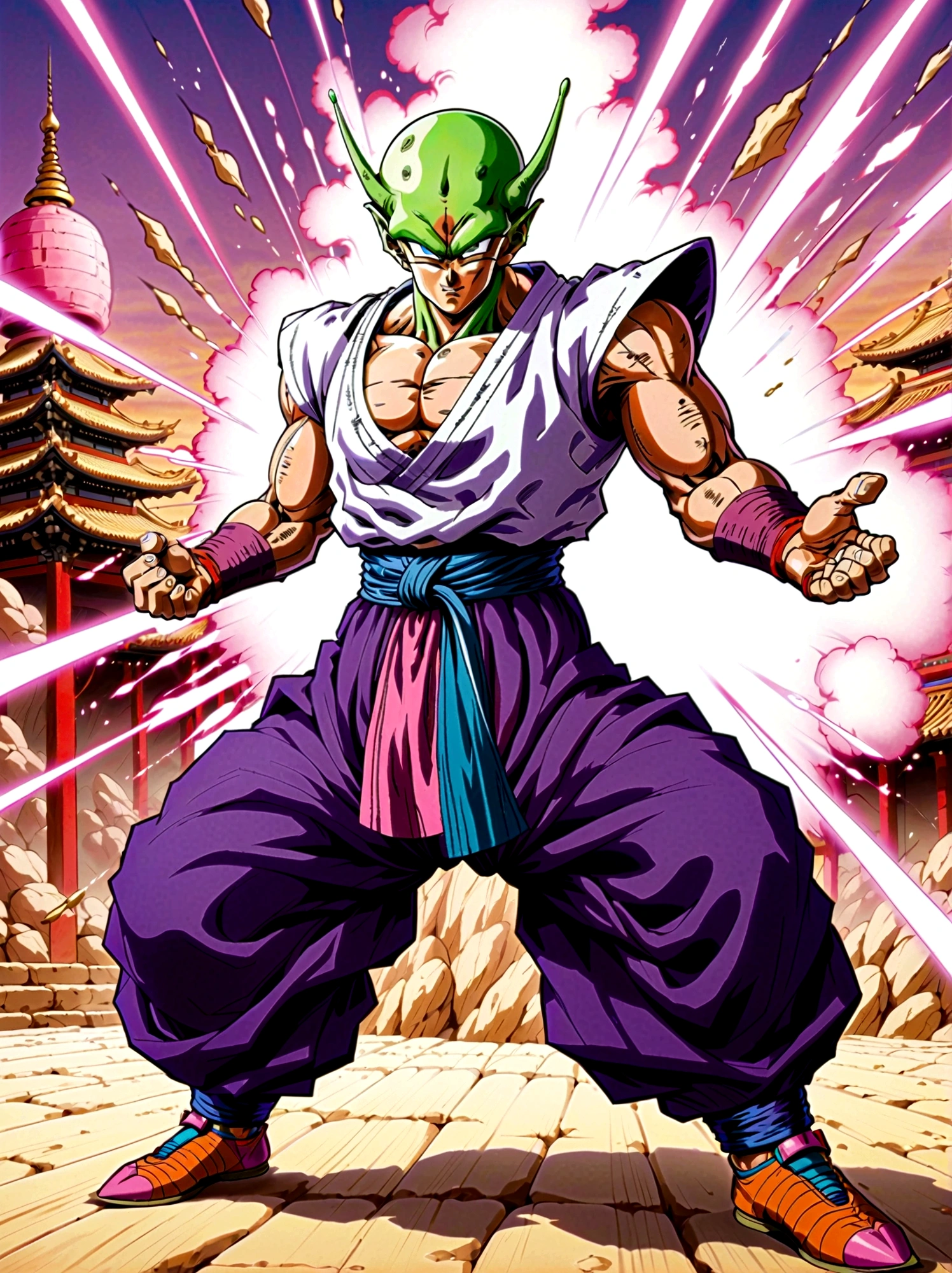 piccolo, green skin, pointy ears, black eyes, oni horns, pink patches, white cape, white turban, purple dougi, purple pants, blue sash, brown shoes, ，Looking at the audience，Dynamic poses，fighting，Explosion，Explosion Background，Martial arts tournament background