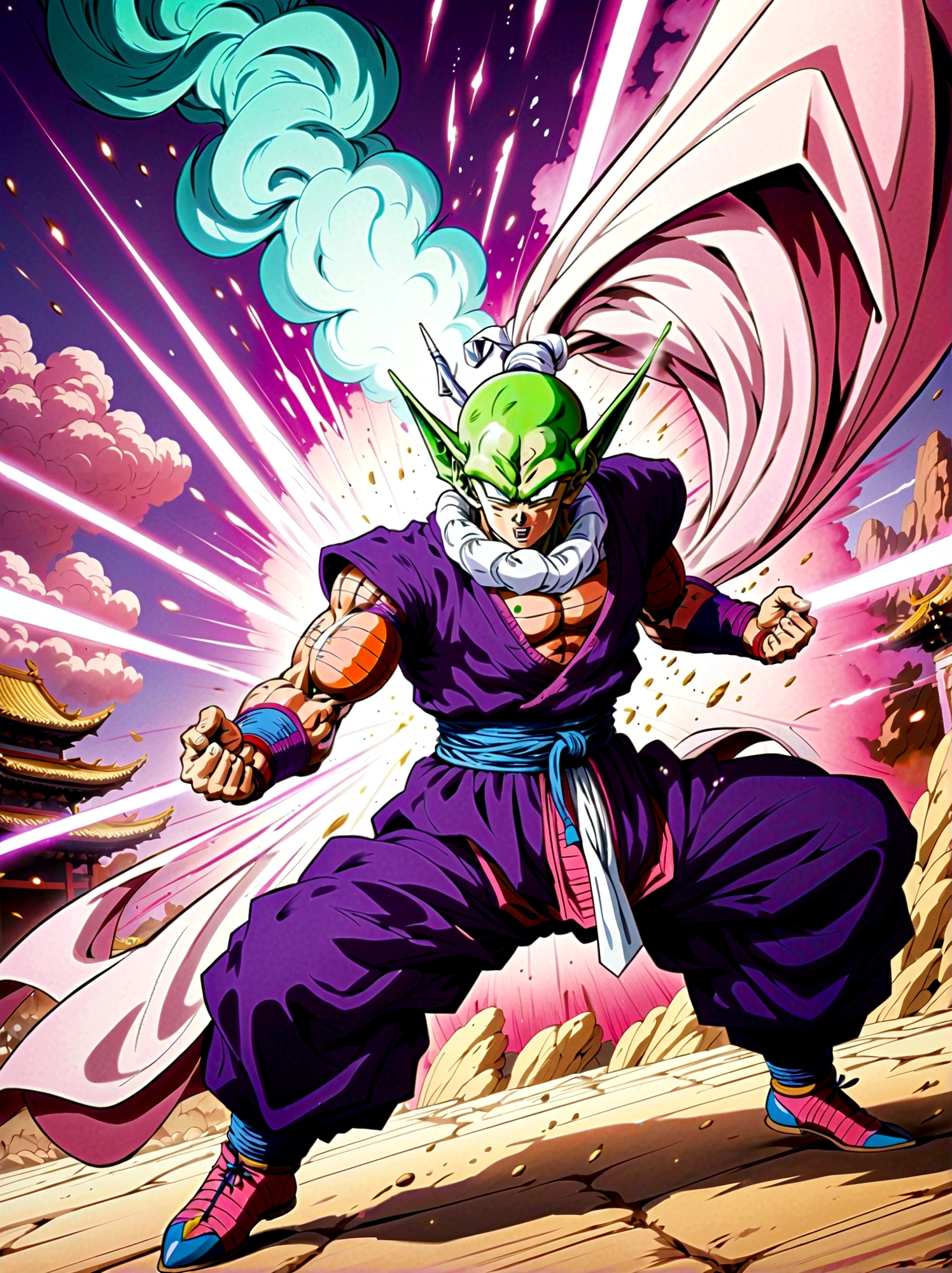 piccolo, green skin, pointy ears, black eyes, oni horns, pink patches, white cape, white turban, purple dougi, purple pants, blue sash, brown shoes, ，Looking at the audience，Dynamic poses，fighting，Explosion，Explosion Background，Martial arts tournament background