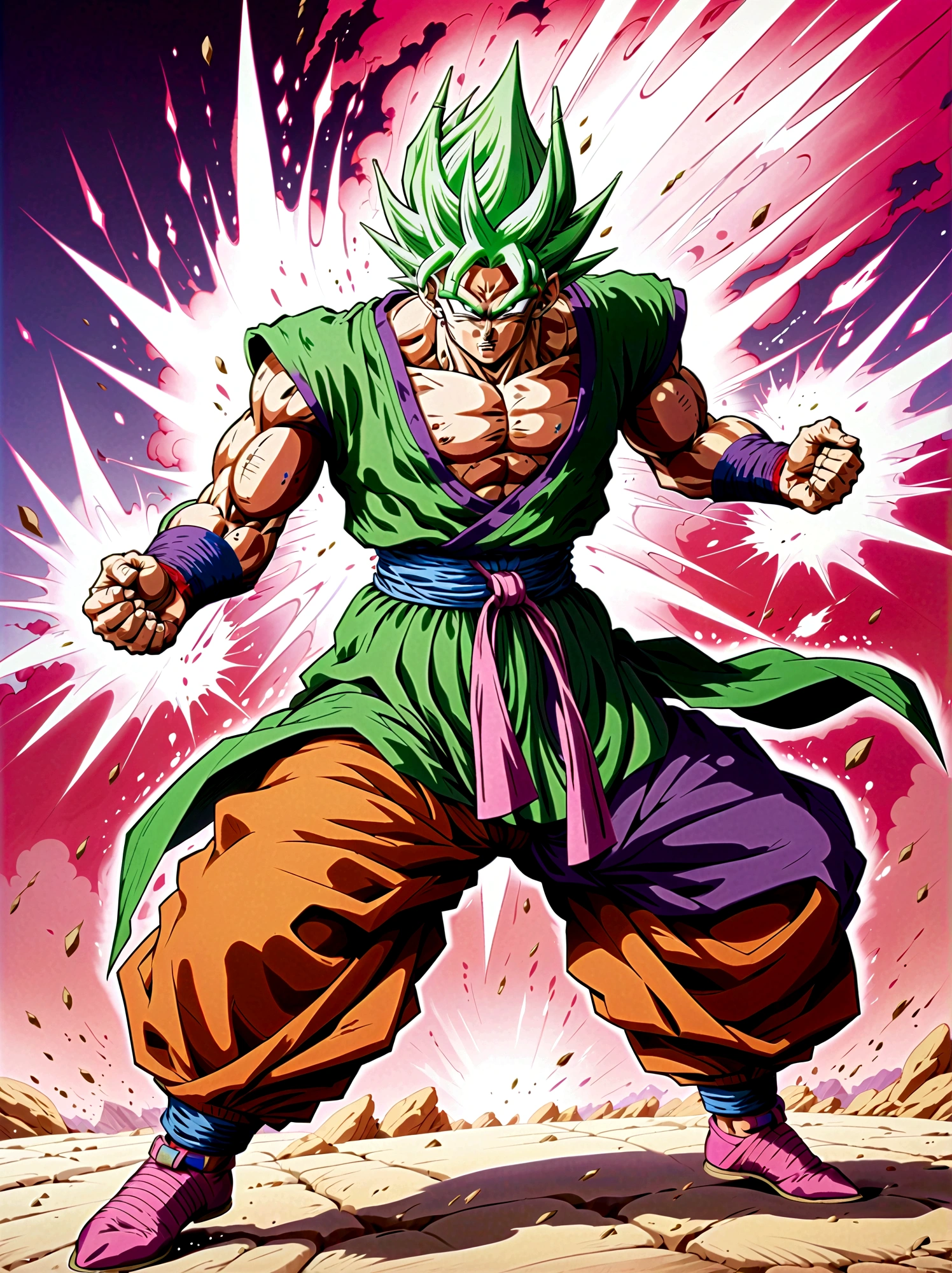 piccolo, green skin, pointy ears, black eyes, oni horns, pink patches, white cape, white turban, purple dougi, purple pants, blue sash, brown shoes, ，Looking at the audience，Dynamic poses，fighting，Explosion，Explosion Background，Martial arts tournament background