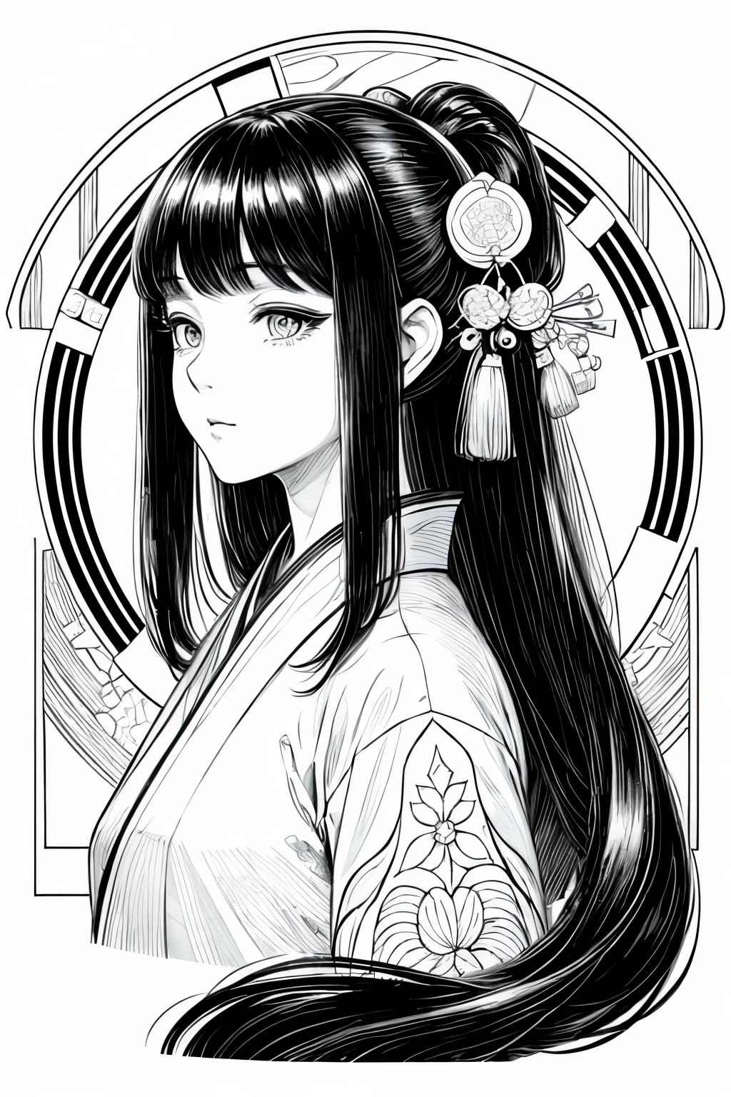 (Cloisonnism:1.2), White background , 1 Long haired Japanese girl ponytail head, black hair, ancient Japanese elements and aesthetics, reasonable design, Clear lines, (lineart, monochrome)