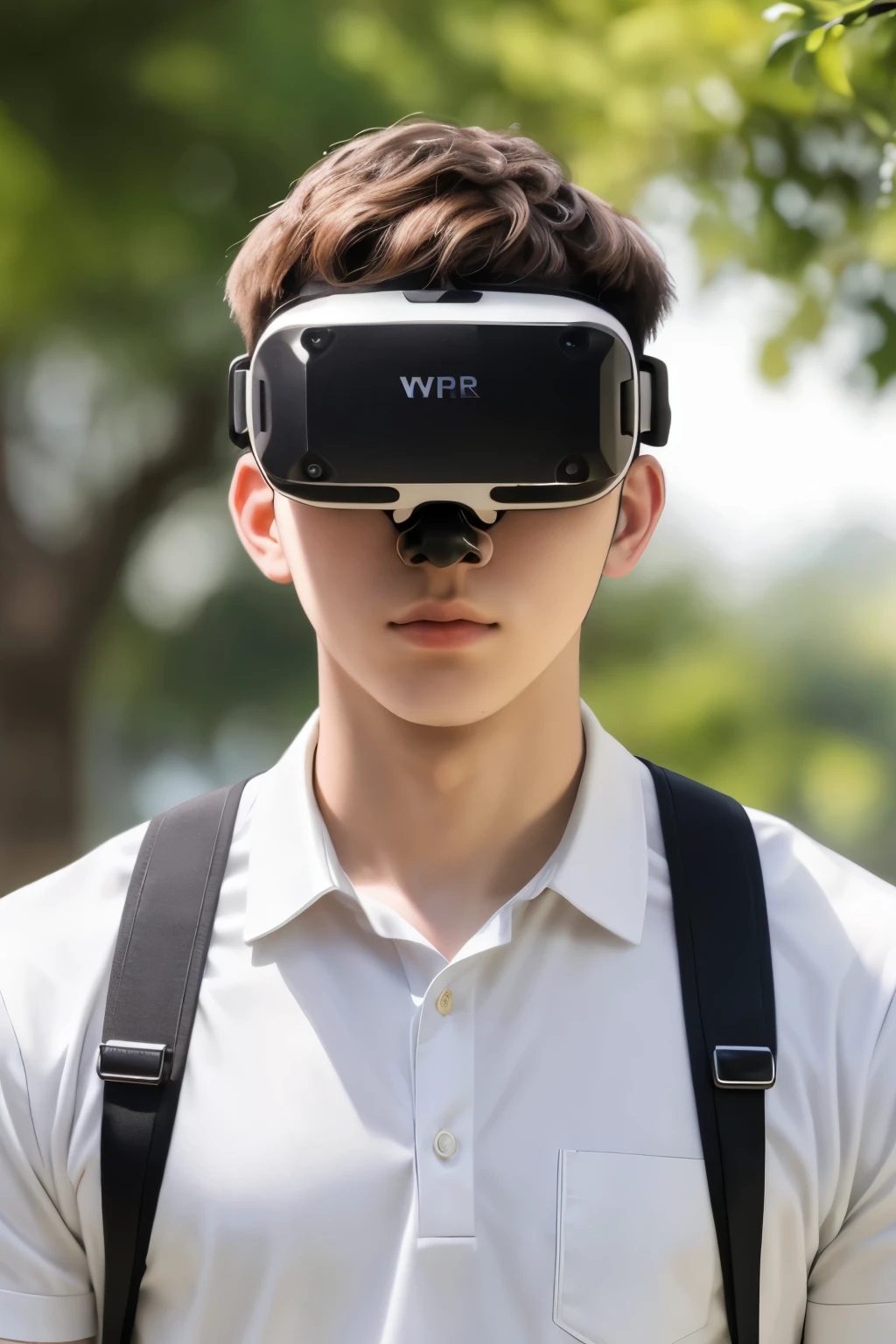 ((best quality)), ((masterpiece)), (detailed), A 22-year-old man wearing white Vr, looking at camera,, background is colorful, realistic