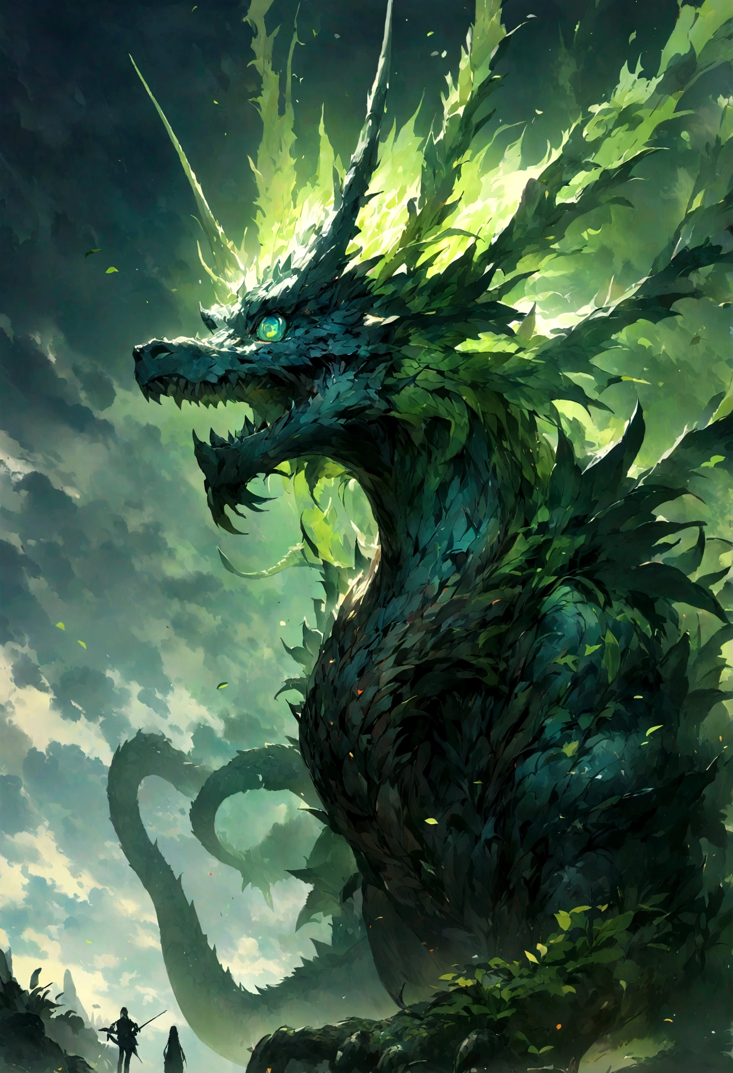 (Handsome ager riding a dragon),Play the flute with your eyes closed,green water dragon,Waveform,The air is filled with water droplets,Cloud Effect:1.5,Slender Dragon Body,elevation,Vision,Super Detail,highest quality,masterpiece,(8k,Very detailed,magnificent work of art