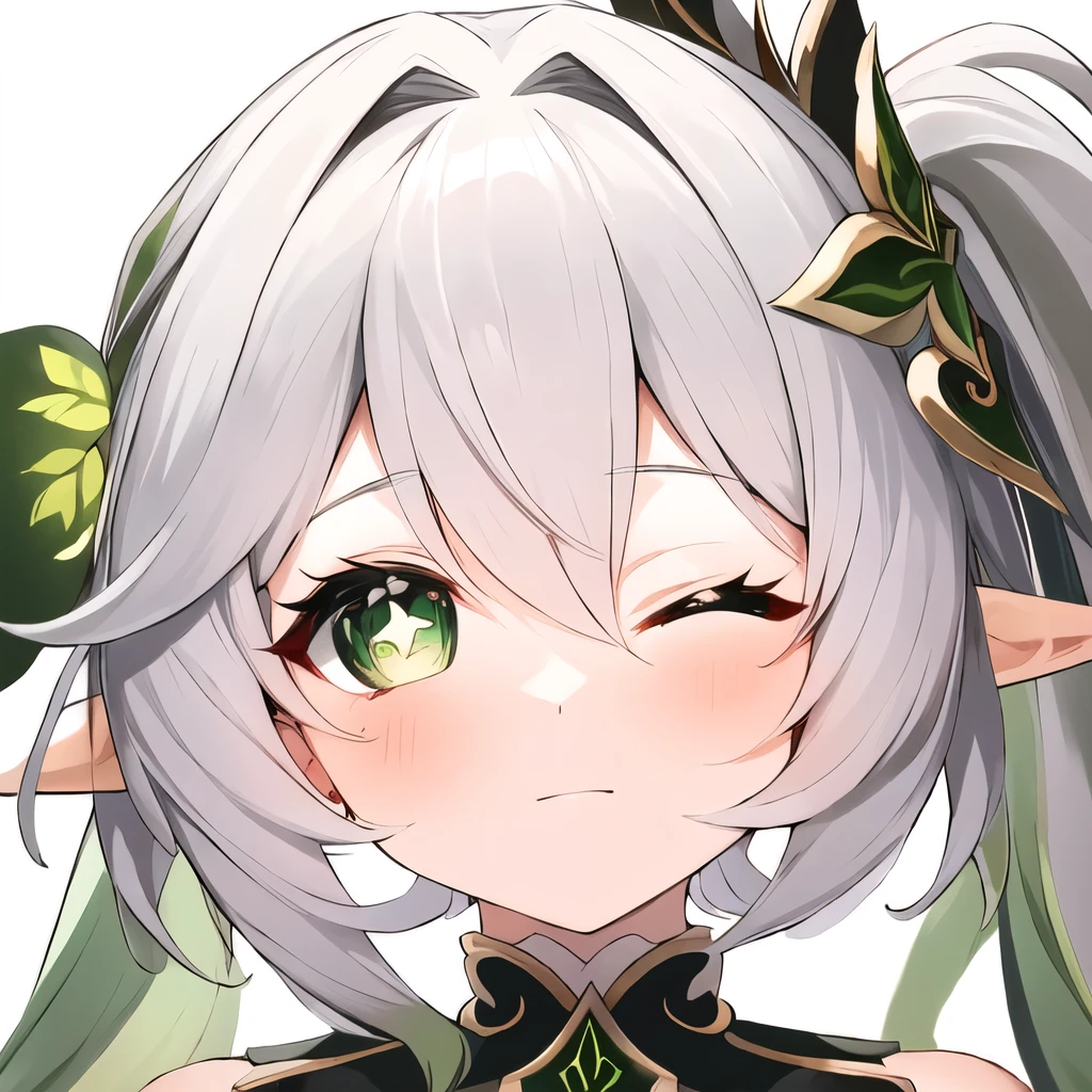 (masterpiece, best quality:1.2),insanely detailed,absurdres,ultra-highres,ultra-detailed,best quality, slender,kawaii,perfect symmetrical face,ultra cute girl,ultra cute face,ultra detailed eyes,ultra cute,ultra beautifu, nahida \(genshin impact\),symbol-shaped pupils,1girl,solo,, +_+,symbol-shaped pupils,close-up face, one eye closed,:o,