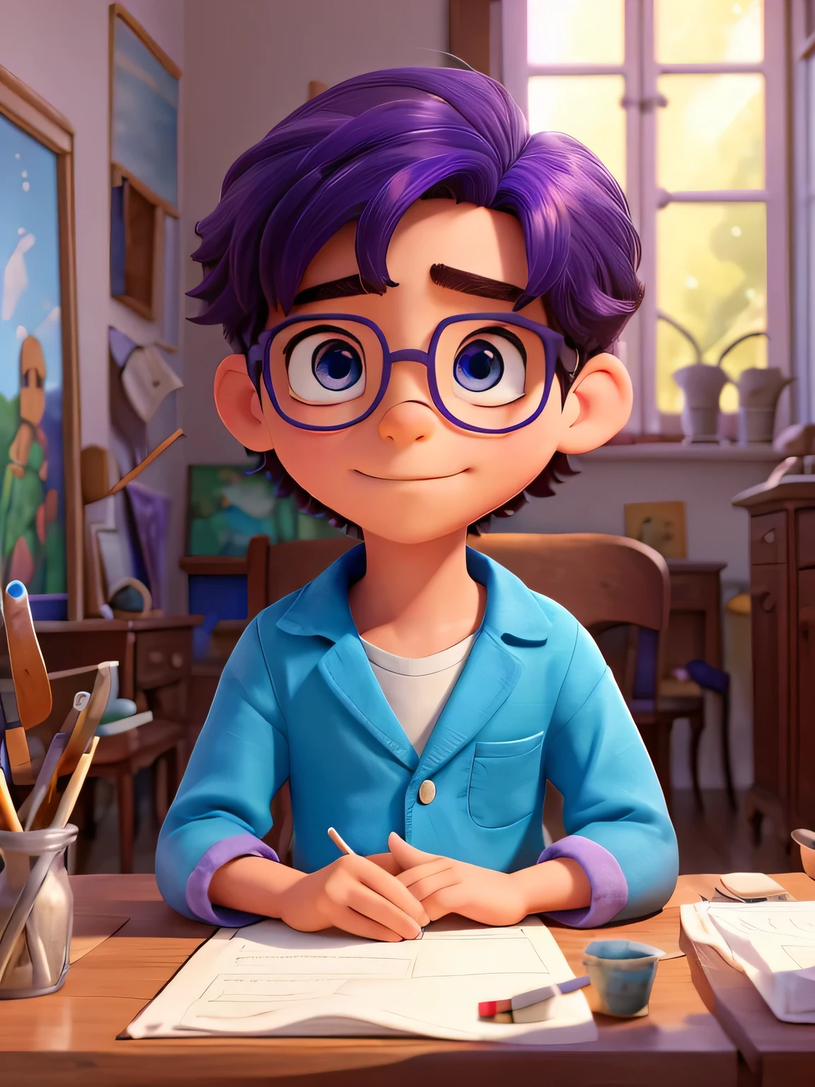 Um menino com cabelo roxo e roupas coloridas, sitting on an antique chair while painting a portrait of Alice in Wonderland, no estilo anime. Sunlight comes in through the window, hitting your eyeglass lenses, while his face reflects the dedication and passion for his artistic talent. The music from the film plays in the background, giving a melancholic touch to the painting. The boy remains motionless in his place, absorvido pelo mundo apenas ele pode ver atrav