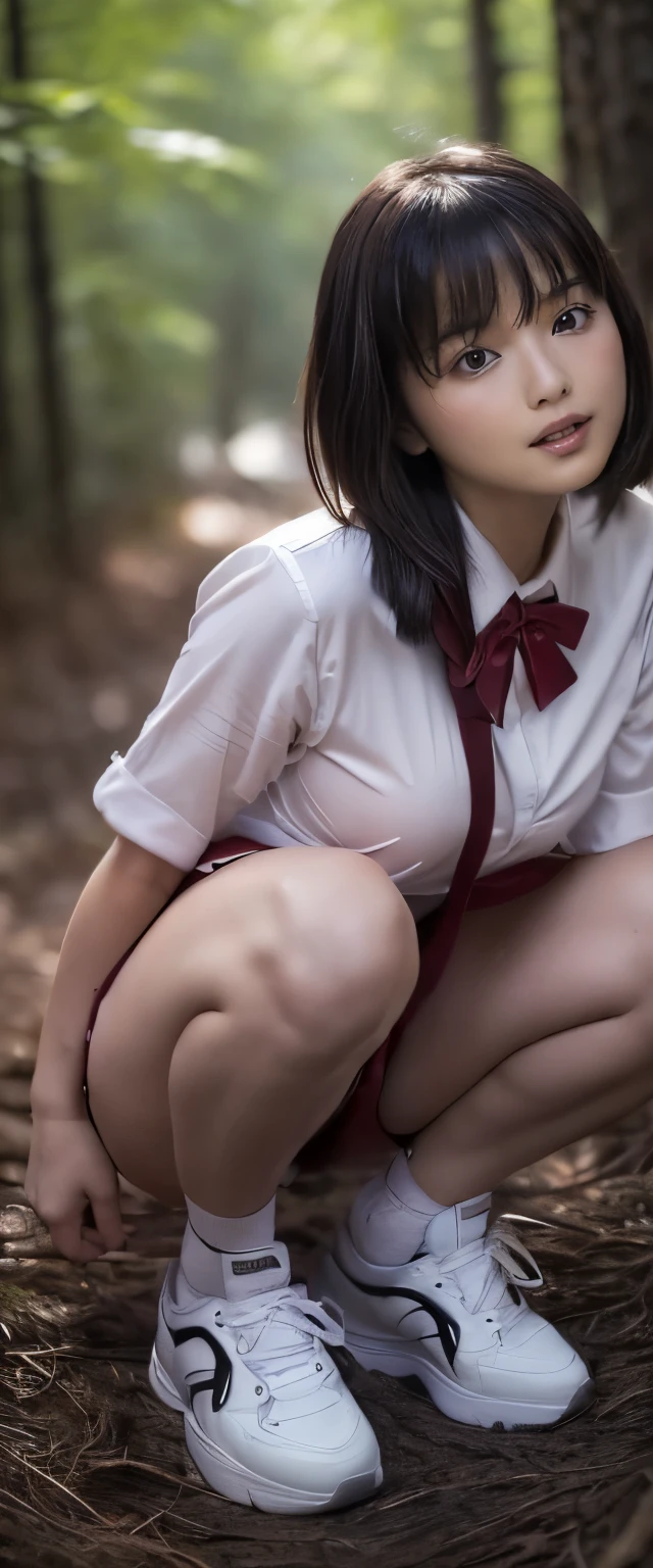 ((in the dim place, on a deep forest pass, trees)), (((round face))), (blush, open mouth), ((large areolas, glossy lips)), (((eccentric pose, bending knees to spread legs))), ((showing off her pubic hair and genitals)), (young woman, white summer shirt, ribbon, uniform, sneakers, school bag),