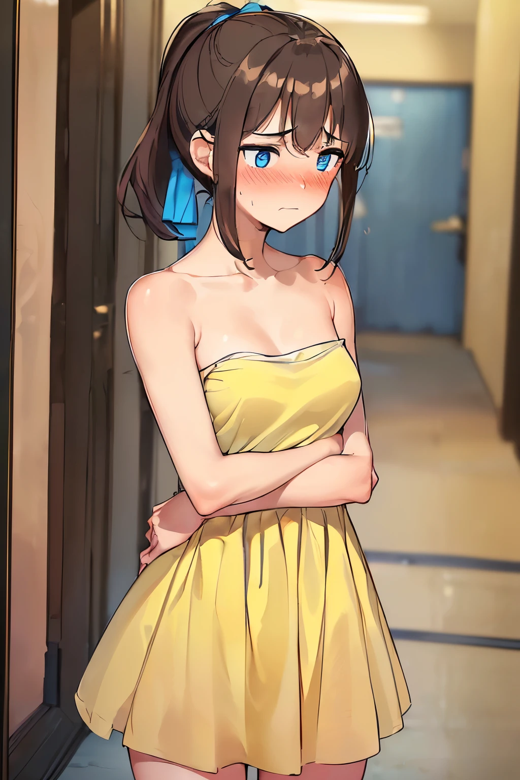 ((best quality)), ((masterpiece)), ((detailed)), (((perfect face))), (((18yo teenage girl))), (((medium breasts))), (((strapless yellow sundress))), ((dark brown hair)), ((short ponytail)), (((blue eyes))), (((shy:1.1))), (((blushing:1.1))), (((bare arms))), (((bare shoulders))), (((school corridor)))), (((walking)))