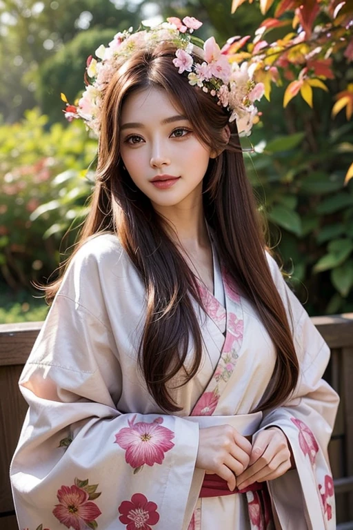 Reddish brown hair、Straight Hair、Beauty、Well-proportioned face、The nose is high、Thin lips、smile、Dilraba lookalike、Mature atmosphere、Tall models、Age is in the early 30s、Pink floral kimono、White flower hair ornament on the side、Background mainly featuring autumn leaves