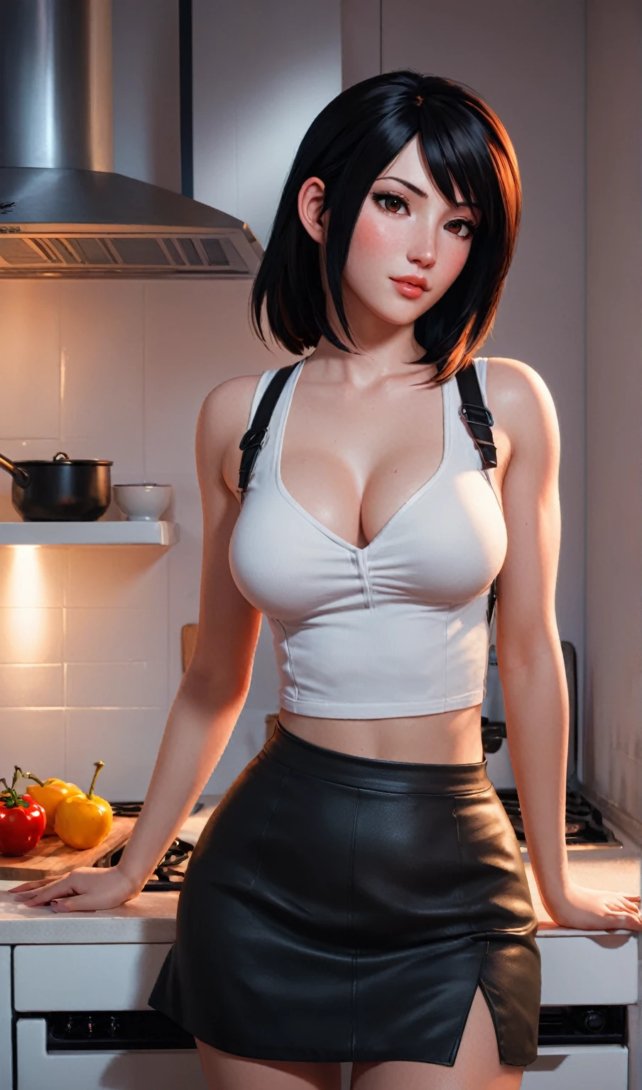 hay una mujer que esta posando en una cocina, una pintura digital inspirada en Alena Aenami, Ganador del concurso Artstation, Arte digital, seductive animado girl, Arte digital ilya kuvshinov, obra de arte al estilo de guweiz, realistic art style, photorealistic art style, animado. soft lighting, retrato seductor de tifa lockhart