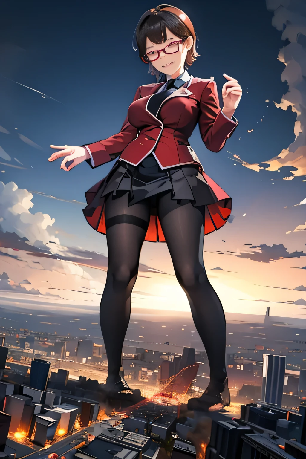 giantess art, highly detailed giantess shots, giantess, Two legs, Five fingers, short hair, A gigantic high school girl who is taller than a skyscraper, Wearing rimless glasses, smile, Big Breasts, Navy blazer, Red tie, mini skirt, Black Pantyhose, black pantyhose, no shoes on, toes visible through pantyhose, Steam coming out from the soles of my feet, Destroying cities, A very small big city, Miniature metropolis, Full body description, GTS, giga giantess, stomping city, crash city, tiny city, micro city, pantyhose feet, High resolution, highest quality, masterpiece, peeing self