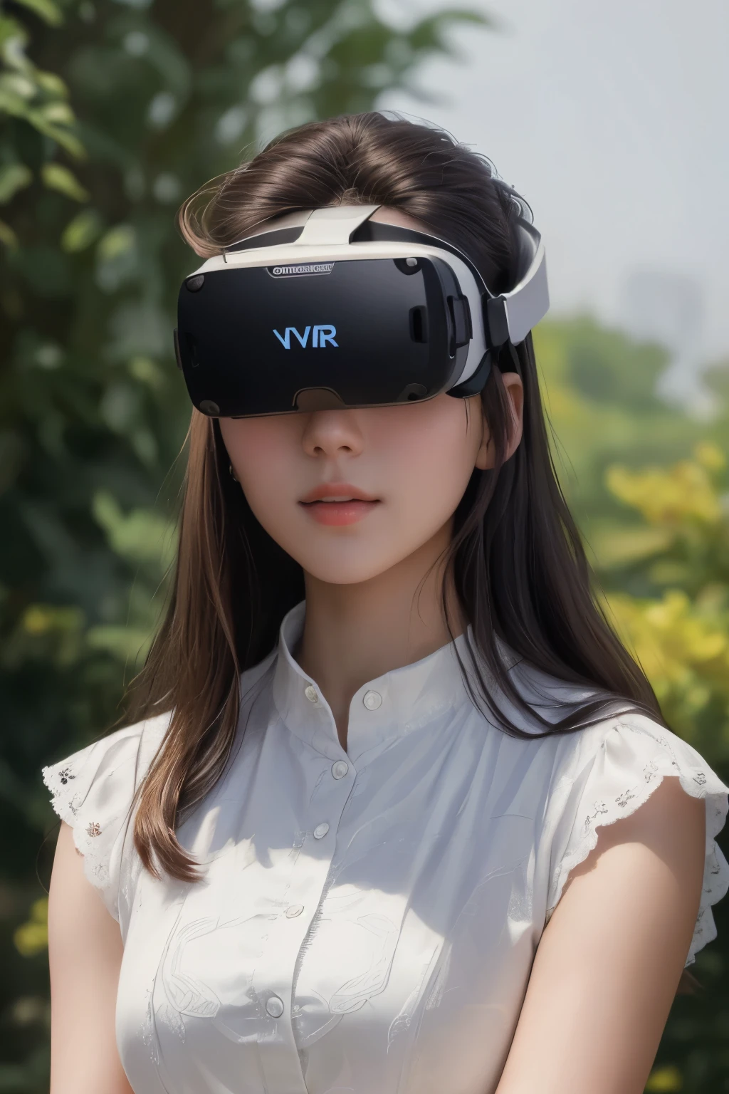 ((best quality)), ((masterpiece)), (detailed), A 22-year-old women wearing white Vr, looking at camera,, background is colorful, realistic