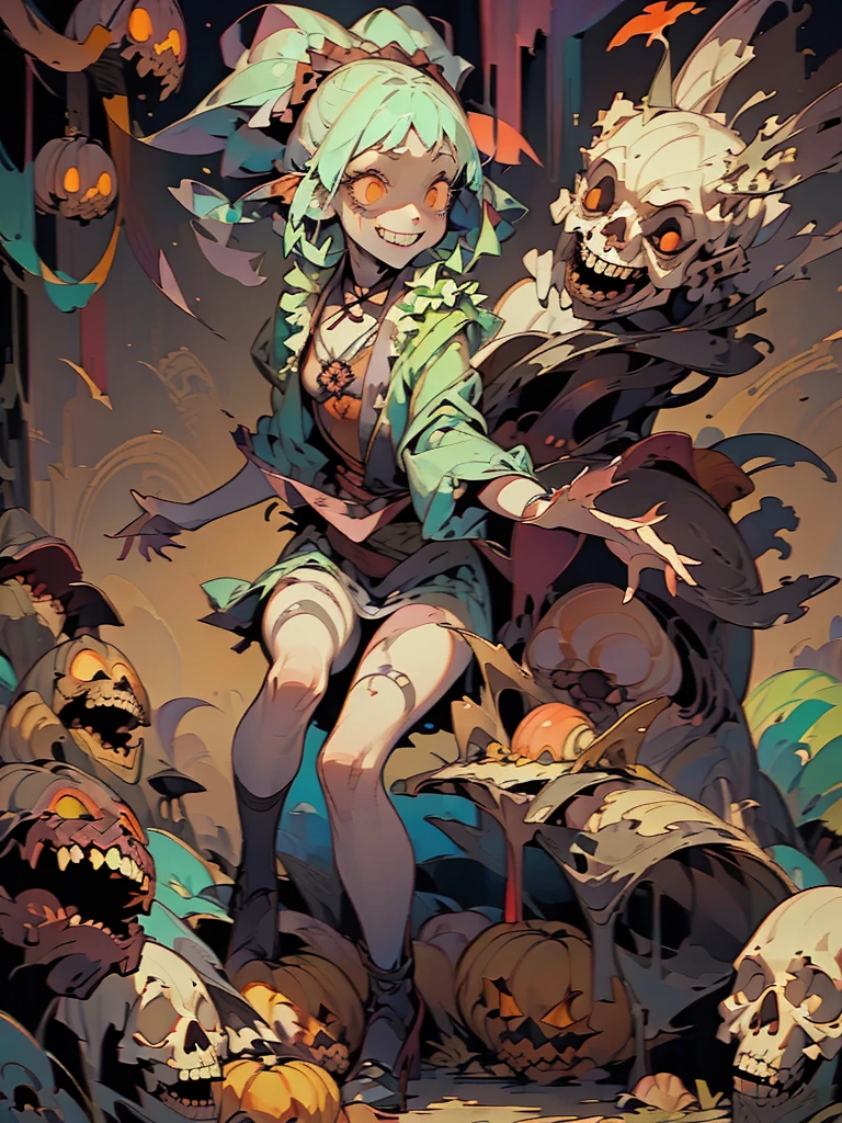 Gruesome and spooky details、Cute Smile、Mysterious atmosphere、Alice in Wonderland、Enthusiastic atmosphere、Mischievous Smile、Expressive gestures、Comical movement、Psychedelic Mushroom Background
