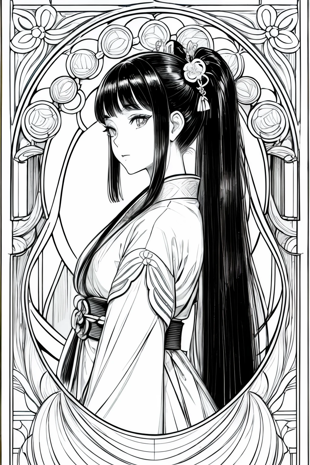 (Cloisonnism:1.2), White background, post renaissance stained glass aesthetic, 1 Long haired Japanese girl ponytail head, black hair, edo Japanese elements and aesthetics, reasonable design, Clear lines, (lineart, monochrome)