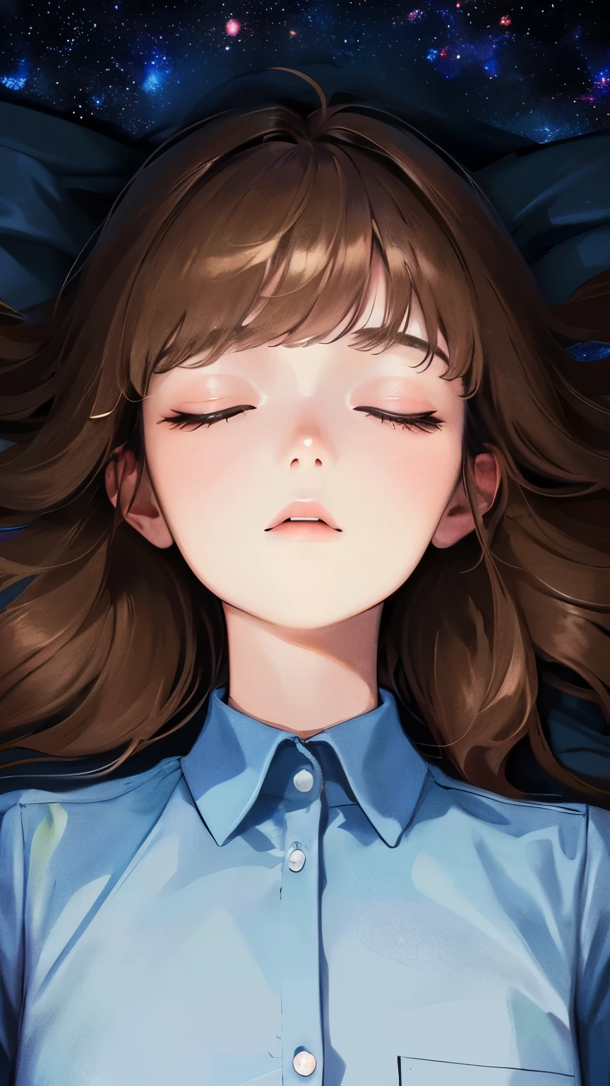(((Are sleeping)))、(((Top view)))、((1 person)),Masterpiece,best quality, ((darkness)), ,((Dark blue shirt))、((Space Background))、((Expressionless)),determined expression, Upper body diagram、 (Highest Resolution、Clear_image)、Best Quality、Light and shadow contrast、((dark))、Very detailed、Semi-realistic、Semi-long hairstyle、Brown Hair、bangs、19 years old、 Lady,,young、((View from below))、Delicate Facial Features