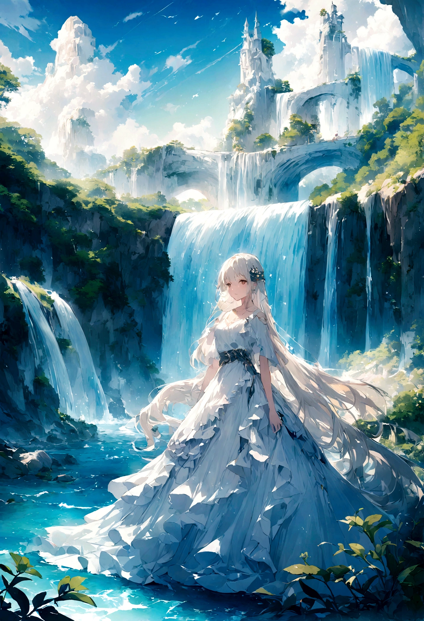 A day with bautiful sky, white coast, waterfall, and small wafe of sea