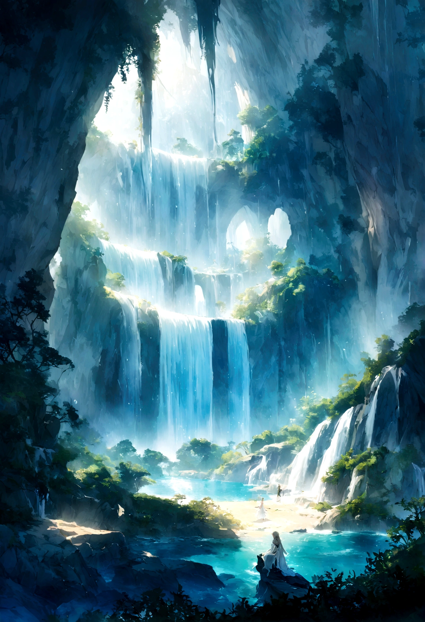 A day with bautiful sky, white coast, waterfall, and small wafe of sea