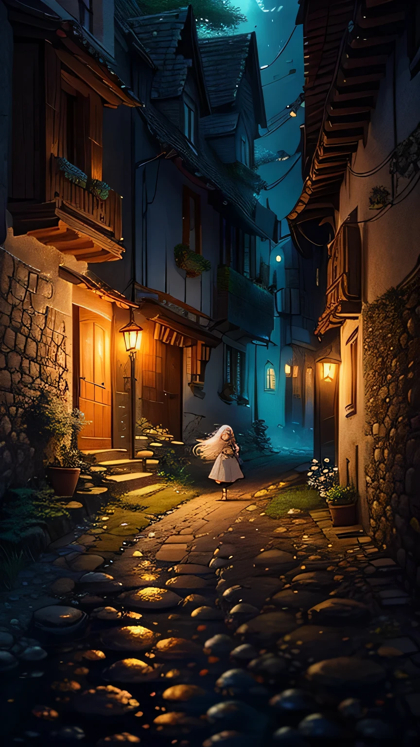 In an expansive 8K, 16:9 landscape, a photograph of an enchanting scene unfolds. At the heart of the image lies an 18-year-old female student named JK, with long flowing silver hair and cosmic-colored eyes reflecting the fatigue of her long day. Her pale skin seems to glow under the ethereal light, and her tired, dulled expression is captured with stunning realism.
Situated in a secluded, narrow allevy of a quaint village, JK's attention is drawn upwards to the sky, where countless tiny goldfish with shimmering red scales swim in the air. The airy scene is rem