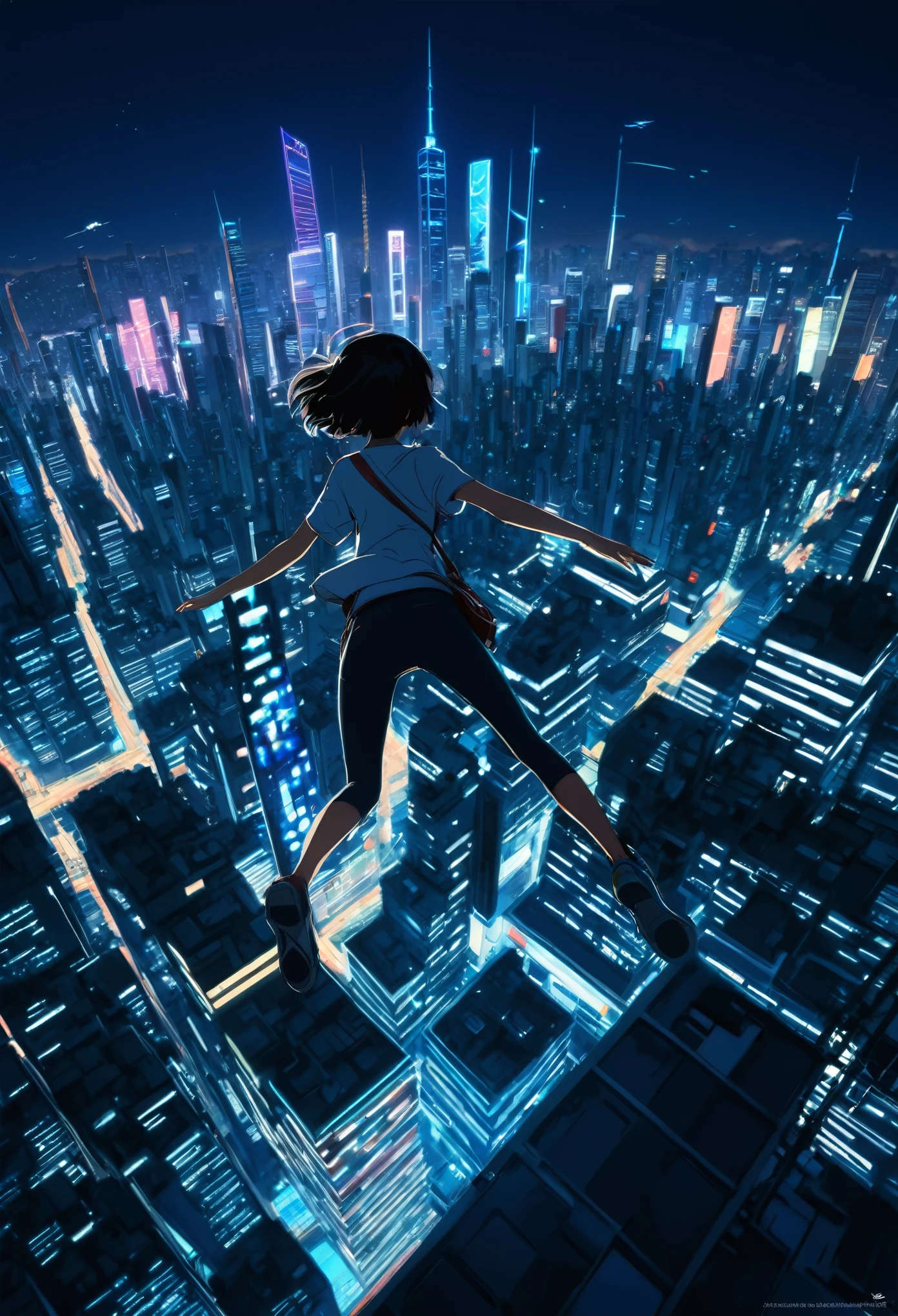 (junkotvv pelo negro con flequillo, (orejas de gato), ojos rojos), una persona cayendo de un edificio al aire con una ciudad al fondo, arte conceptual por Yuumei, tendencia en CGsociety, conceptual art, soaring above a dense city, makoto shinkai cyril rolando, Amanecer CGSOCIEDAD, cosmic skies. Por Makoto Shinkai, renderizado de octanaje. Por Makoto Shinkai, high definition cg society,kafka ,8K, Observando la ciudad desde el rascacielos.,neon city at night,