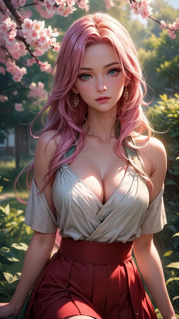 beautiful detailed eyes, beautiful detailed lips, extremely detailed eyes and face, longeyelashes, 1girl, Sakura Haruno, pink hair, long hair, green eyes, red skirt, white shirt, cleavage, sexy, in a luxury commercial street., (best quality,4k,8k,highres,masterpiece:1.2),ultra-detailed,(realistic,photorealistic,photo-realistic:1.37), vibrant colors, natural lighting, detailed foliage, lush landscape, intricate details