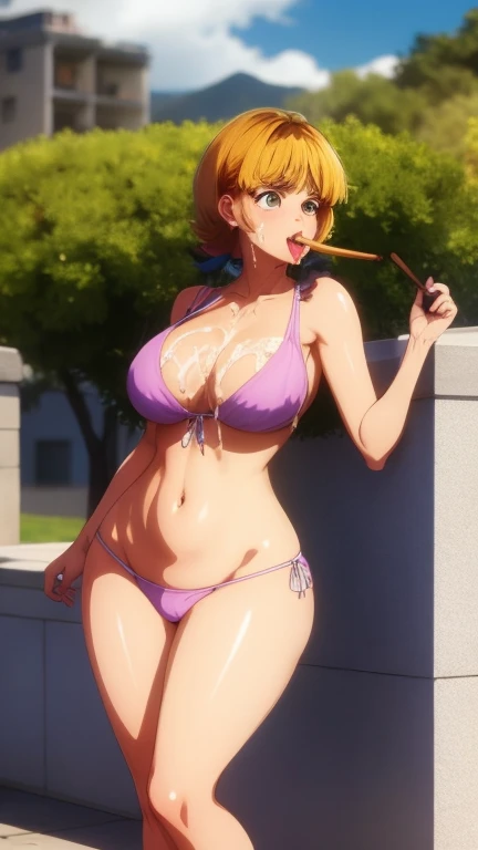Una mujer, voluptuosa, hermosa, comiendo helado, muy sexy, mejor calidad de imagen