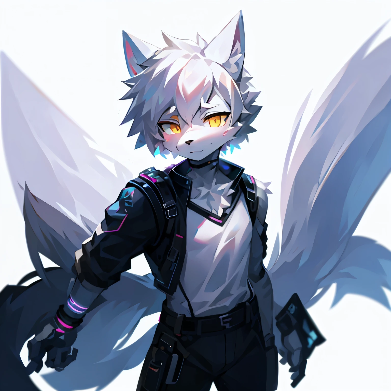 cyber punk perssonage，epcot，Tech style，solo person，White body，White ears，White hair，Overall white，Orange-yellow eyes，Wolf tail，Wolf orcs，Young，Wear a short-sleeved shirt，Ultra-clear screen，Soft lines