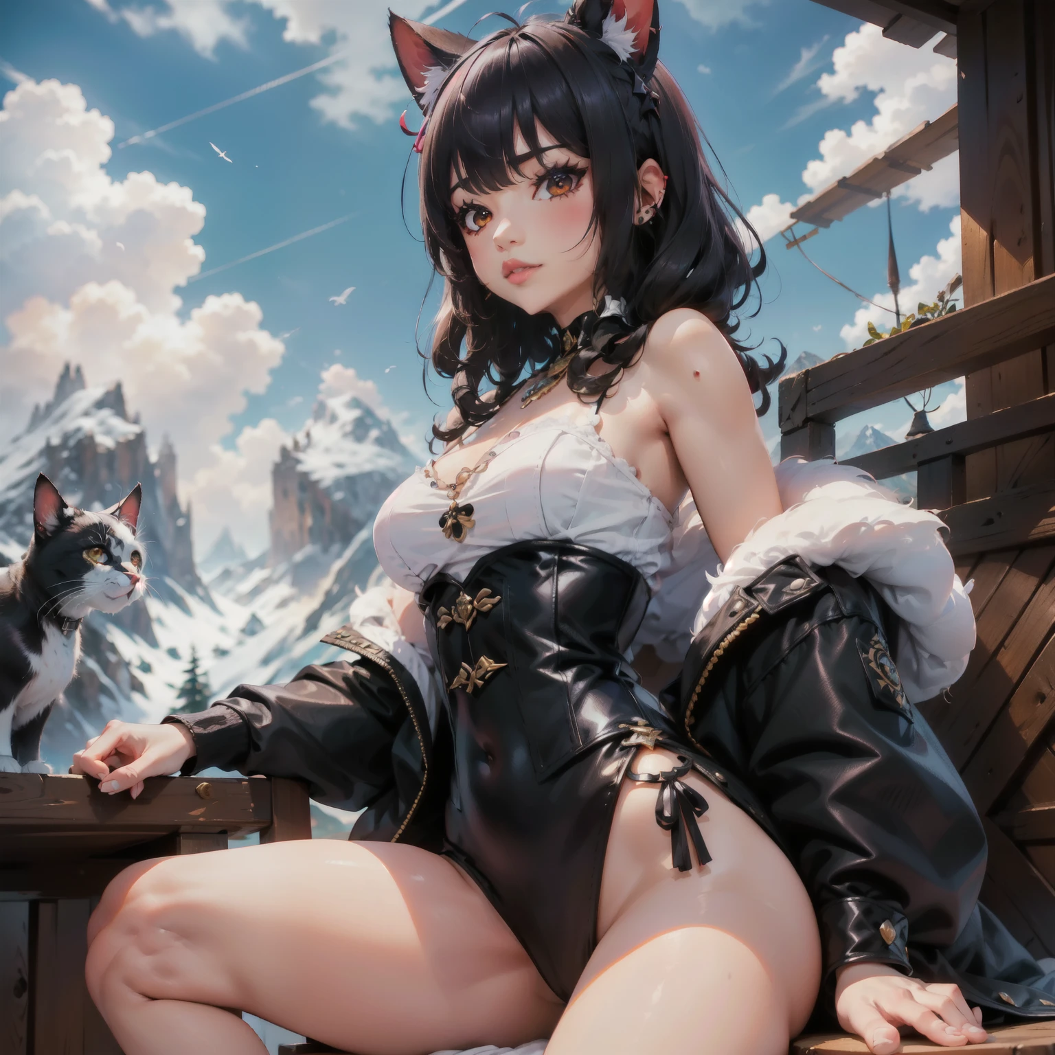 Un mujer sentado en la silla.(junkotvv pelo negro con flequillo, (orejas de gato), ojos rojos). Look at the majestic mountains with cloudy sky and light.