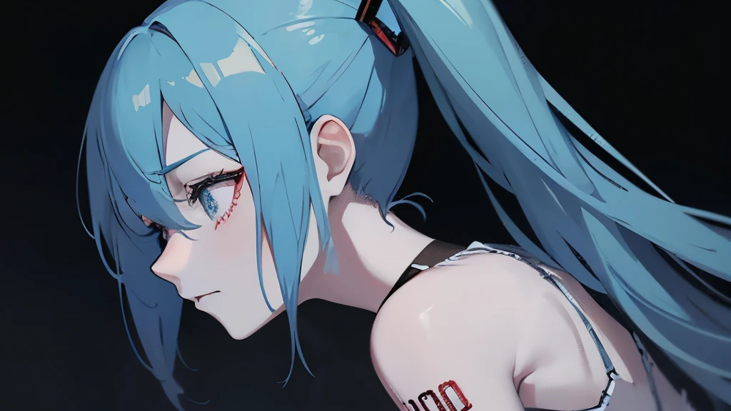 profile、Blue Face、arm hug、Embrace yourself、Bloodしぶき、Blue Face、Blue Skin、Hatsune Miku、zombie、Red eyes、Blue Face、Blue Skin、Bloodを流した、Gray Hair，sad，（Blue place：1.1），blue eyes、Hatsune Miku、ruins、cadaver, an  ominous, woman, thin, pale, Looking into the camera, Ultra-realistic, Fully detailed, Cemetery environment, Bright Eyes, white dress torn and stained with Blood, The bone is exposed, putrid scratch, Sensual, That&#39;s horrible, 身体にscratchを負った, exposed fracture of the clavicle, smile, Very detailed, Black Short Hair, scratch, Blood,