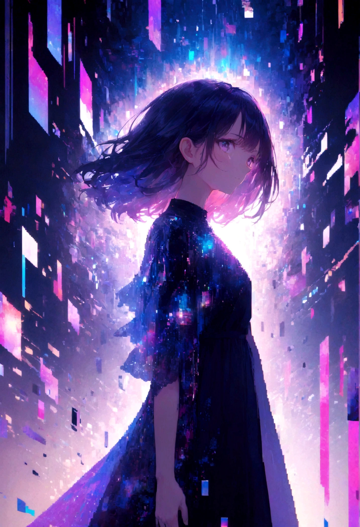 1 Girl, glitch art, Pixelate fragments