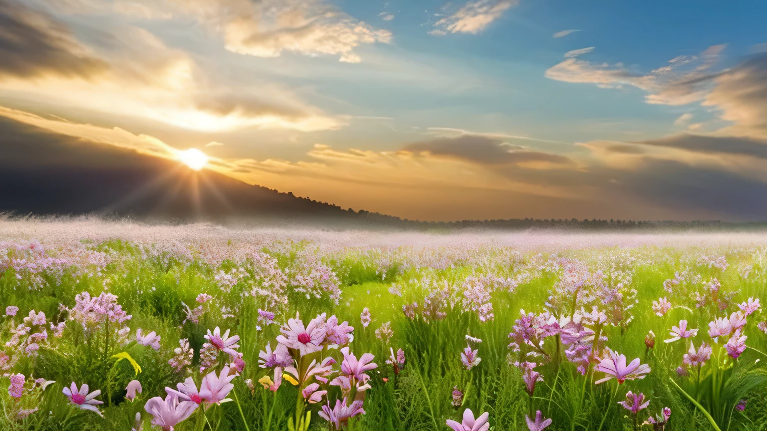 realistic photo, masterpiece, a spring morning at sunrise with the sweet scent of life, in an open meadow