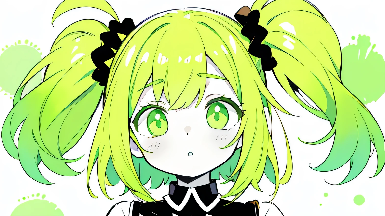 (Very bright:1.1), green background, [1 girl:7], Facing Front, rubbing eyes, green hair, green Eyes, one side up, hair scrunchie, oversized clothes, ([sketch|watercolor \(Moderate\)]:1.15), (Inkblot:1.1), (pale:1.2), Vector tracing, Gradient Blending, Bright colors, ((Colorful)), Very detailed, Complex, (Very low contrast: 1.4)