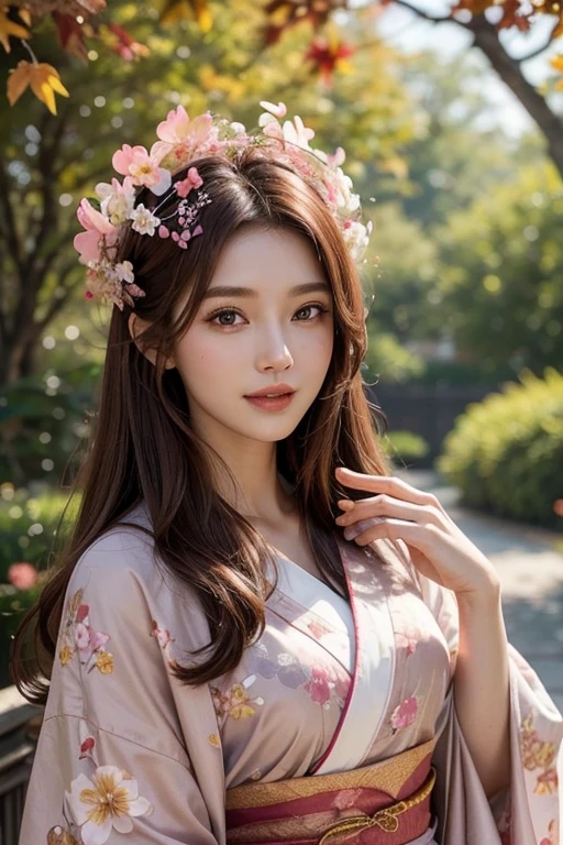 Reddish brown hair、Straight Hair、Beauty、Well-proportioned face、The nose is high、Thin lips、smile、Dilraba lookalike、Mature atmosphere、Tall models、Age is in the early 30s、Pink floral kimono、White flower hair ornament on the side、Background mainly featuring autumn leaves、4K quality