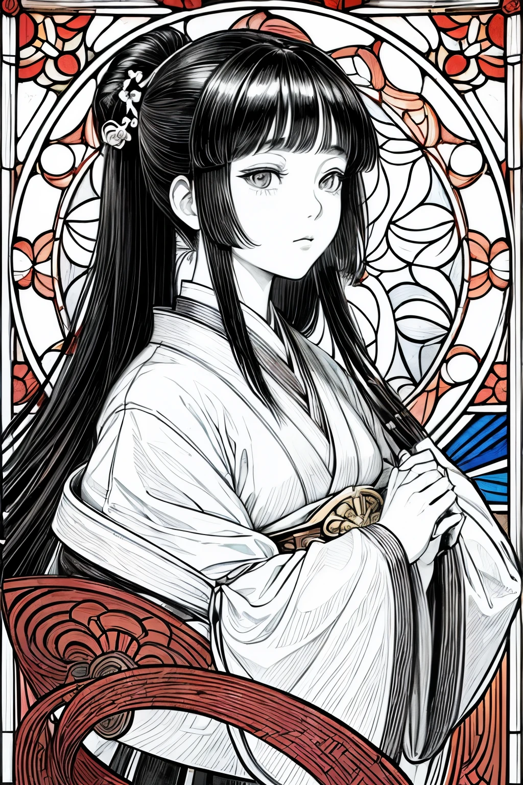 (Cloisonnism:1.2), White background, (post renaissance stained glass aesthetic:1.2), 1 Long haired Japanese girl ponytail head, black hair, edo Japanese elements and aesthetics, reasonable design, Clear lines, (lineart, monochrome)