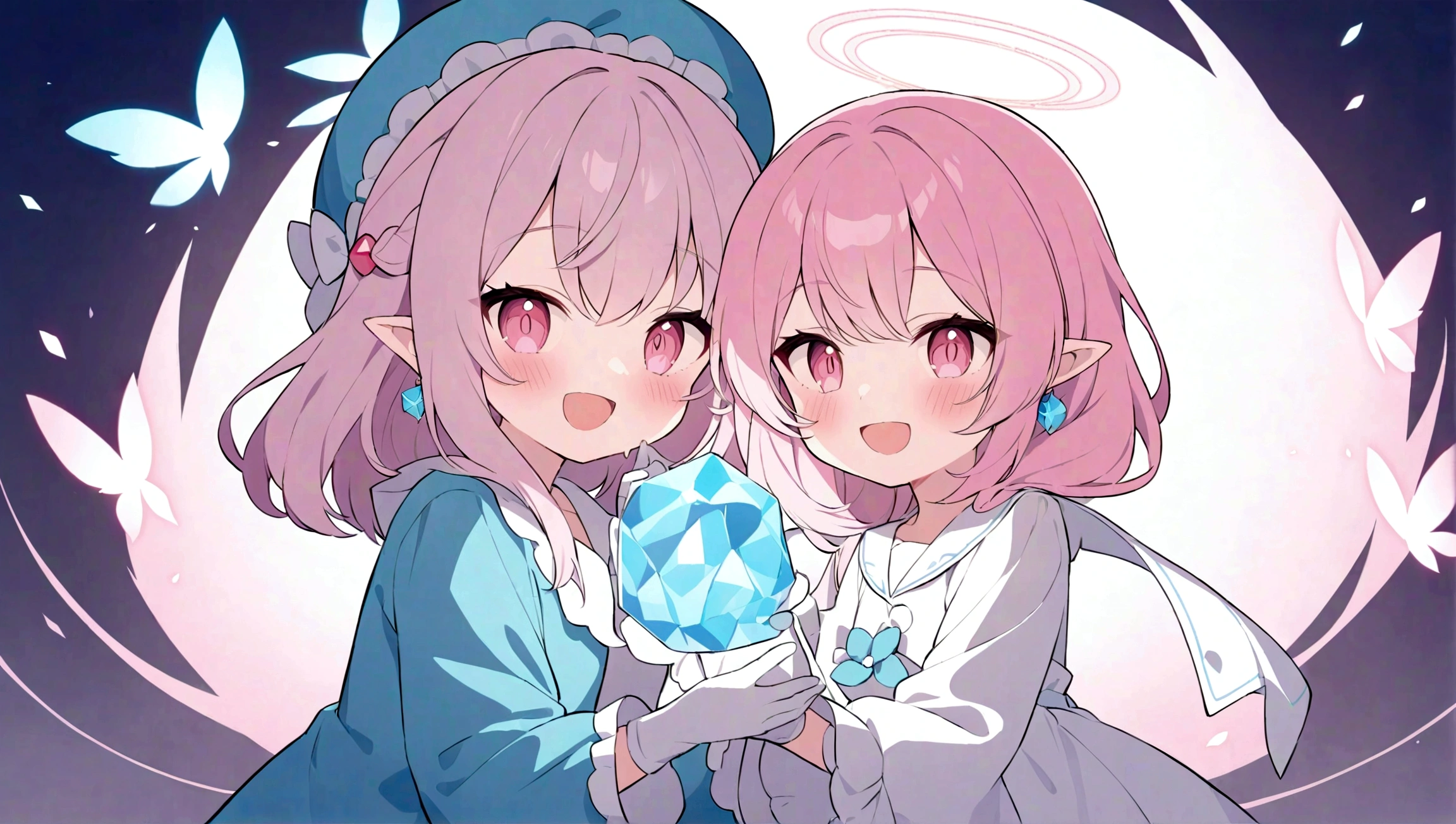 ((tmasterpiece:1.4,Best quality))+,(hyper-detailing)+,(Ultra-detailed eyes)+,(pointy ears:1.5),The halo
(cute girls),15year old,(a pink eyes:1.15)Short pale pink hair,Bushy hair(wariza:1.2),pale-skinned,Perverted giggle,black bottomwear
(She wore a pure white dress,Light blue robe,:1.5),(whitegloves:1.4)The sleeves are long,Golden wire,crystal earrings,Leprechaun Maiden,coral crystal,Menghua,gem jewelry,The world of diamonds and flowers,glowing butterflies,The halo,fresh flowers,love heart
(pink and white satin ribbon:1.1),
(dawn light:1.2),
(Thick black and white:1.16),(depth of fields:1.4),,Complicated details,