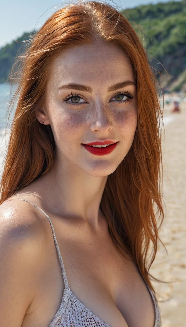 hyperrealistic beautiful busty 19-year-old woman with long legs wearing casual beach outfit, model shooting full body photography, natural redhead very long straight hair, freckles, soaky wet skin, dark eye makeup with eyeliner, seductive smile, red lips, 8K, Best quality, Meisterwerk, ultra high resolution, (Realismus: 1.4), Originalfoto, (realistische Hautstruktur: 1.3), (Filmkorn: 1.3), (Selfie-Winkel), 1 girl, Beautiful round hazel eyes and facial details, Meisterwerk, Best quality, outdoor photography on the beach, nsfw
