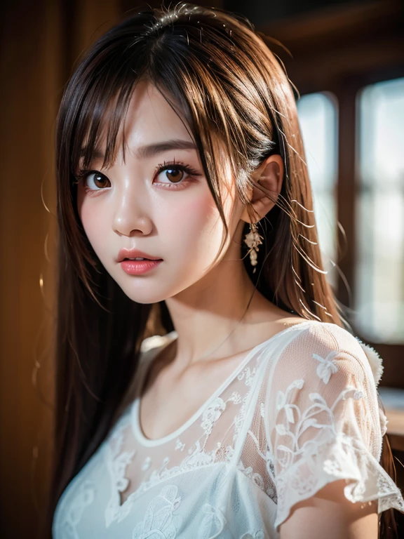(8k, RAW Photos:1.2)Detailed face and eyes,最high quality, 超A high resolution, Very detailed ,Intricate details ,Tabletop ,pretty girl , Soft cinematic light, Hyper Detail,Sharp focus, high quality,,  Dripping,Light blue lace dress、Twin tail hairstyle,