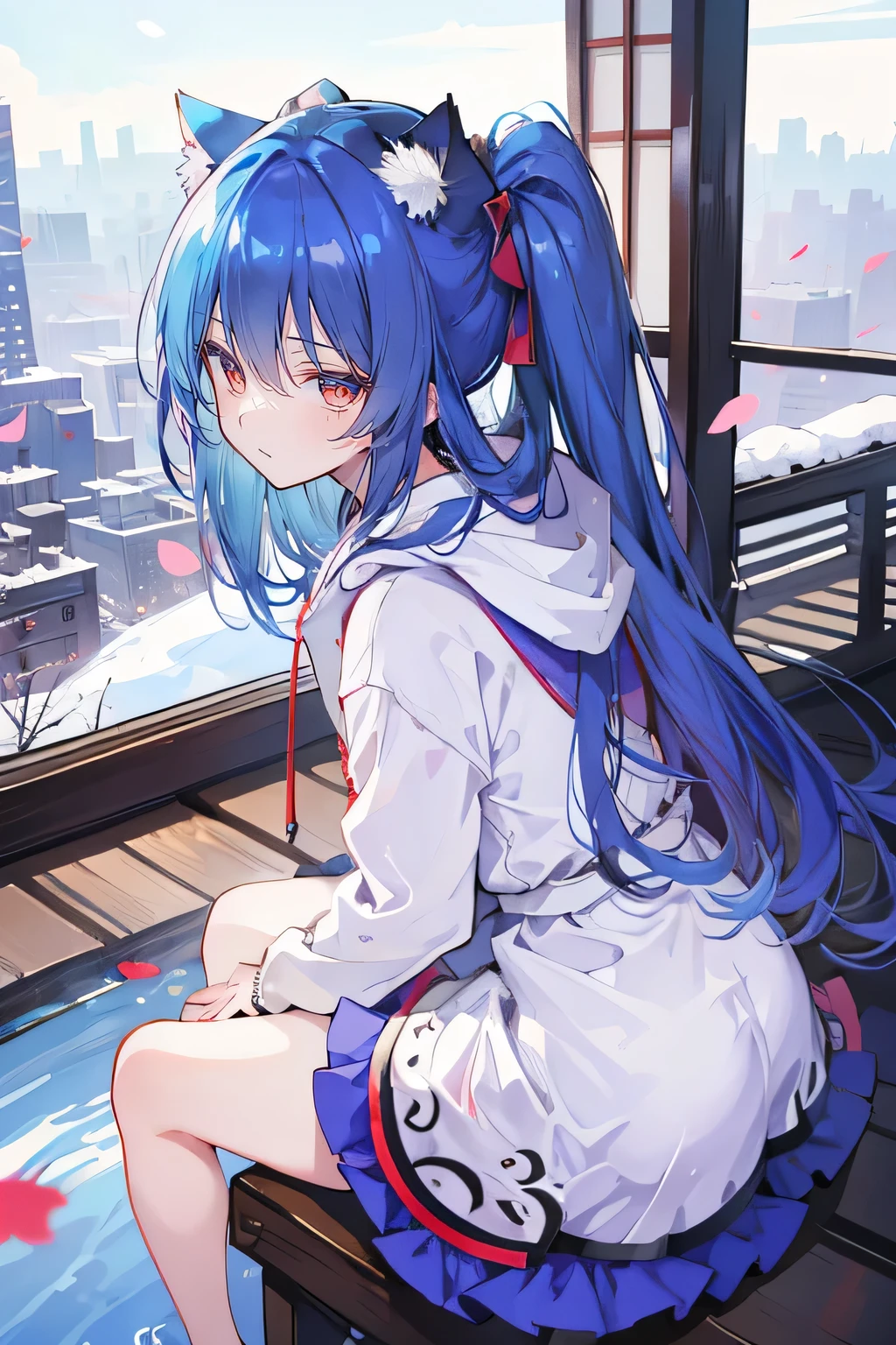 (masterpiece:1.2),Super detailed,lifelike,Expressive eyes,fair skin,perfect face shape,1 girl,
Japanese comics,Gorgeous blue hair,flowing blue hair,flowing clothes,Cat ears,Petals fall,beautiful lola,Baby Angel,
Cross your legs,Gentle and peaceful background,The pavilion is cool and comfortable,smile, wearing hoodie, background of tokyo,back views,snowing, winter.