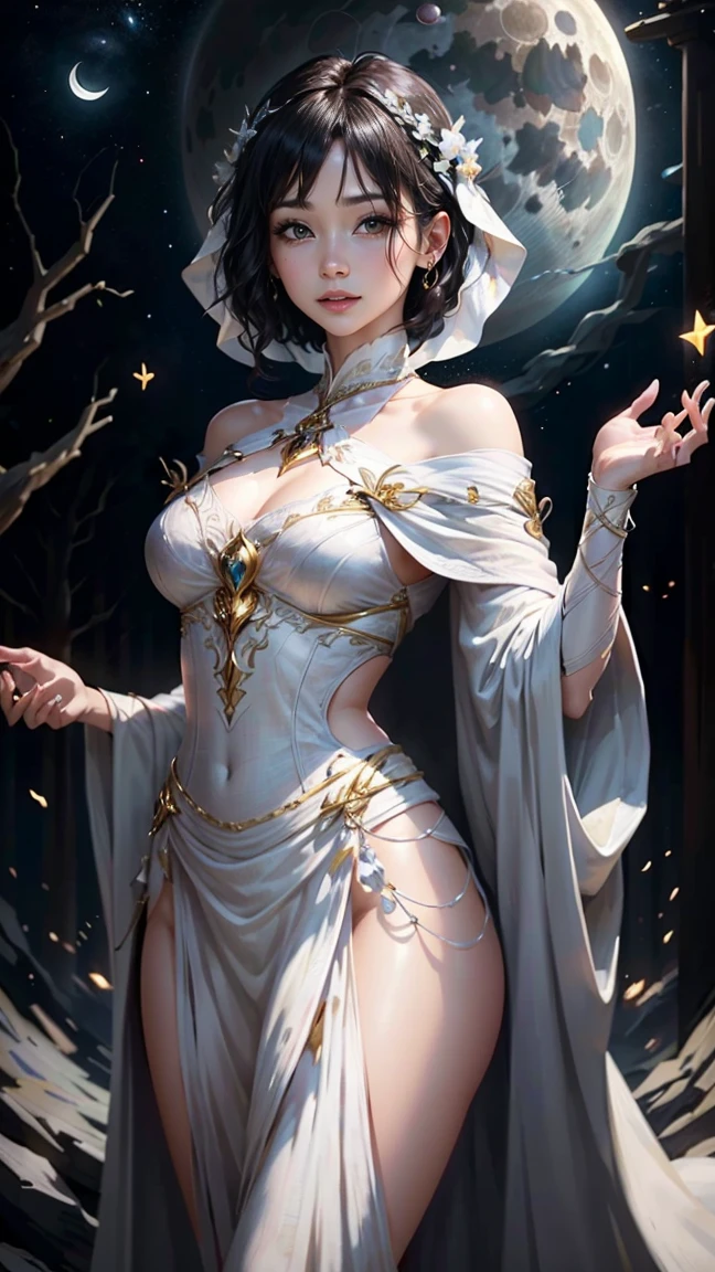 highest quality、masterpiece、8k、Realistic、超High resolution、Very delicate and beautiful、High resolution、Cinema Lighting、medium range shooting、Portraiture、Perfect female body、(Mid-chest:1.5)、Opposition、Looking at the audience、((Bob Hair:1.6))、Beautiful Eyes、Colours in harmony with nature、strong, Physically slim、A smile suits you、、Soft contours、Calm expression、Beautiful Lips、slender and graceful physique、Elegance is more prominent than strength、Shining in the moonlight、(((Flowing white robes、Star and moon patterns are woven into the fabric、Symbolizes magical power))、Elegant smile、Be compassionate、、Approachable