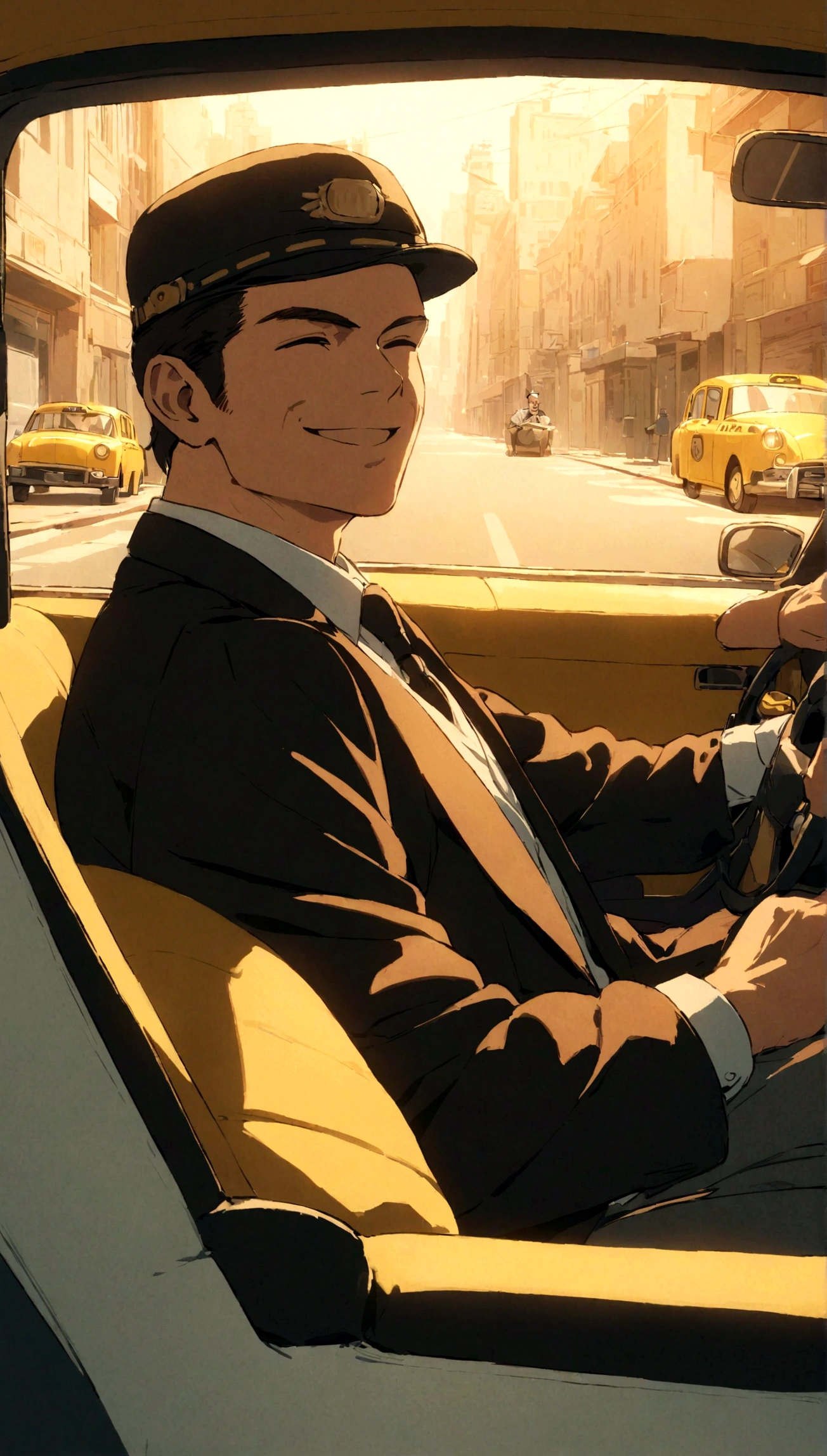 Mr. Smith, an old taxi driver , is smiling and relaxed, sitting in driver seats drive his taxi