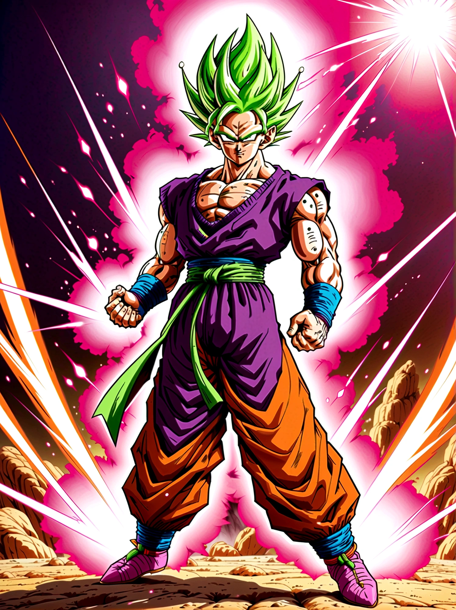 Dragon Ball, piccolo, green skin, pointy ears, black eyes, oni horns, pink patches, white cape, white turban, purple dougi, purple pants, blue sash, brown shoes，Looking at the audience，Dynamic poses，fighting，Explosion，Explosion Background，Martial arts tournament background