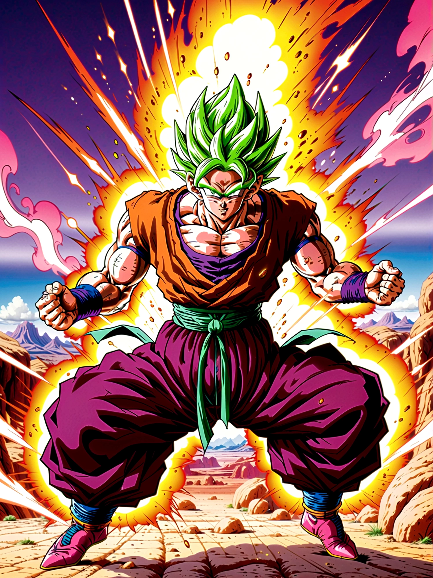 Dragon Ball, piccolo, green skin, pointy ears, black eyes, oni horns, pink patches, white cape, white turban, purple dougi, purple pants, blue sash, brown shoes，Looking at the audience，Dynamic poses，fighting，Explosion，Explosion Background，Martial arts tournament background