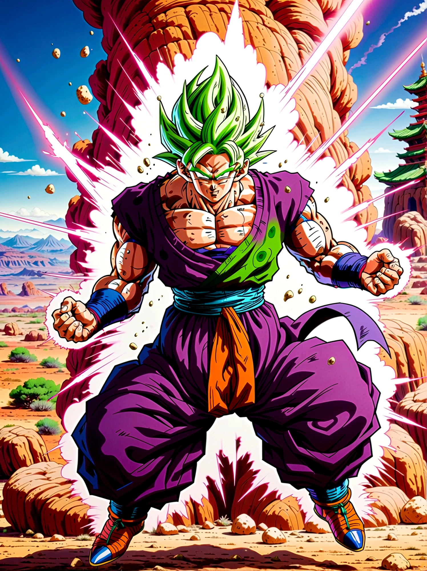 Dragon Ball, piccolo, green skin, pointy ears, black eyes, oni horns, pink patches, white cape, white turban, purple dougi, purple pants, blue sash, brown shoes，Looking at the audience，Dynamic poses，fighting，Explosion，Explosion Background，Martial arts tournament background